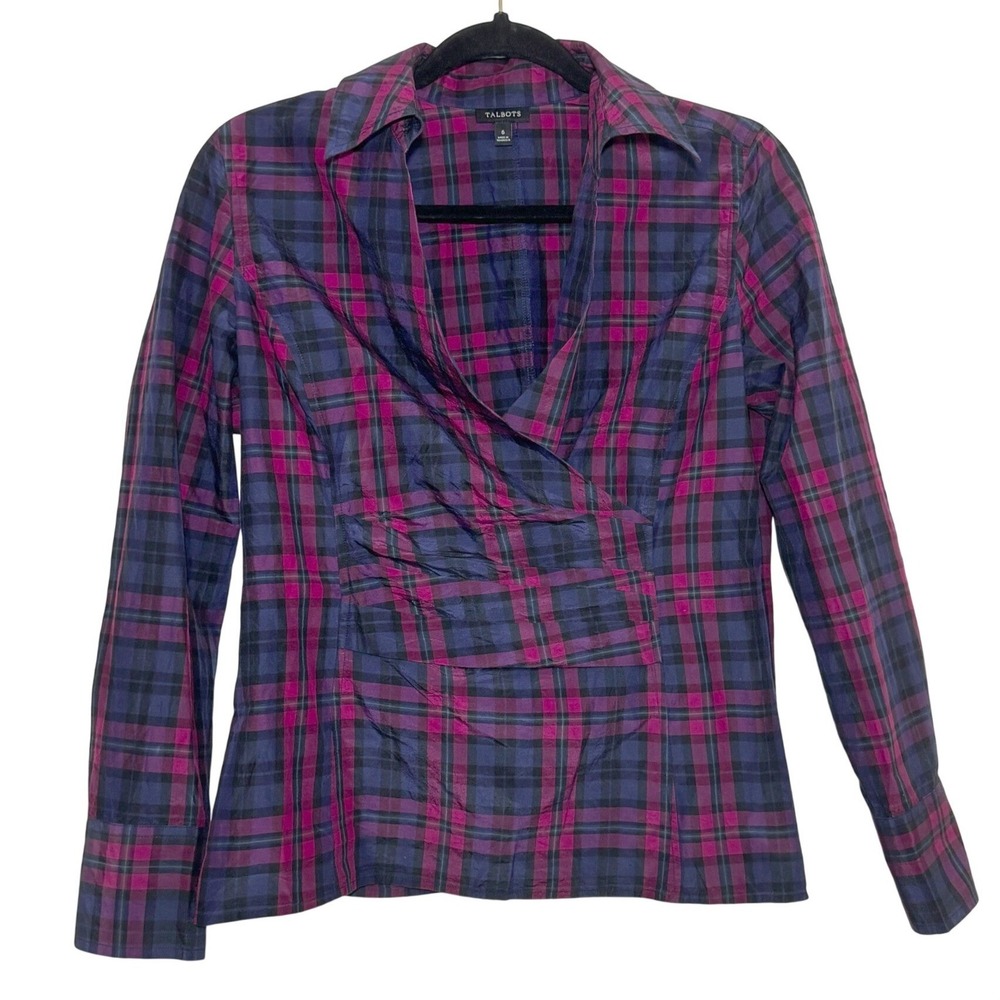 Talbots Blouse Purple Pink Plaid Silk Cotton Ruched Wrap Top Womens 6 Side Zip